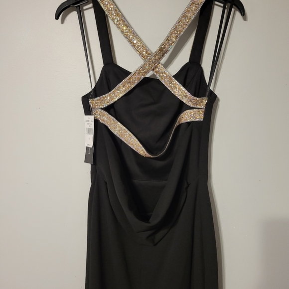 Betsy & Adam Crystal Crossed Straps Black Formal Gown with Cowl Back - Picture 6 of 11